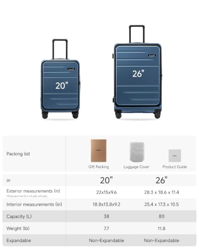 LUGGEX Top Opening Trunk Suitcase Set, Aluminum Frame, Blue, 20" + 26" - color: Blue, size: 20/26 Inch