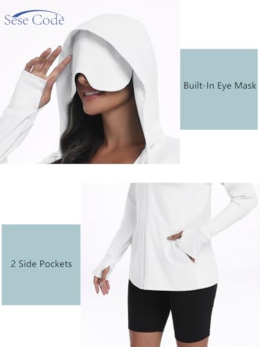 SeSe Code UPF 50+ Hoodie With Eye Mask Womens Zip Up Travel Jackets - color: White, size: X-Large