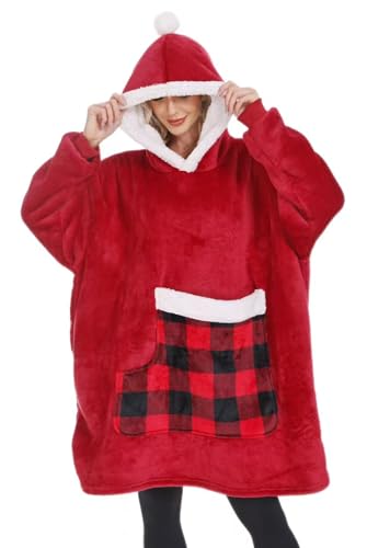 Wearable Blanket Hoodie with Giant Pocket, Soft Warm Sherpa Fleece Oversized Blanket Sweatshirt Gifts for Women Men - color: Z Red Grid
