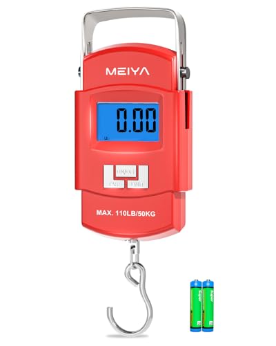 MEIYA 물고기 저울 49.9kg(110파운드) 휴대용 수하물 저울 여행용 디지털 걸이식 저울, 후크 포함, 남성용 낚시 선물, 여행 가방 및 물고기를 위한 계량 도구, AAA 배터리 2개 포함, 백라이트 LCD 디스플레이 (레드) - color: 레드