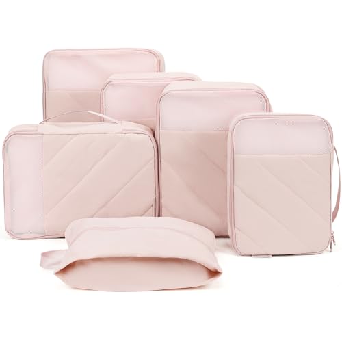 NISHEL 6 Set Packing Cubes for Travel | Luggage Organizer Bags with Shoe Bag, Lightweight, Durable Space Saver Bags Travel Essentials, Pink