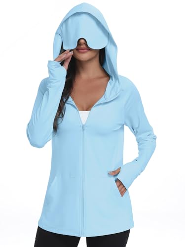 SeSe Code UPF 50+ Hoodie With Eye Mask Womens Zip Up Travel Jackets - color: Blue, size: XX-Large