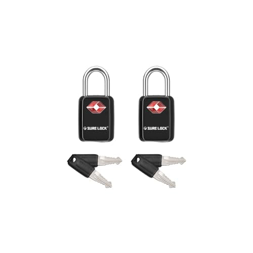 SURE LOCK Mini TSA Approved Keyed Luggage Lock – One Key Opens All, Fits Tight Zipper Gaps & Small Pull Holes, Compact Travel Lock for Suitcases, Backpacks & Handbags - color: BLACK 2 LOCKS