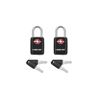 SURE LOCK Mini TSA Approved Keyed Luggage Lock – One Key Opens All, Fits Tight Zipper Gaps & Small Pull Holes, Compact Travel Lock for Suitcases, Backpacks & Handbags - color: BLACK 2 LOCKS