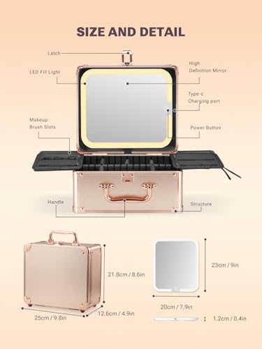 Qislee Makeup Box with Detachable Magnetic LED Mirror, Travel Train Case - color: Rose Gold, size: Small