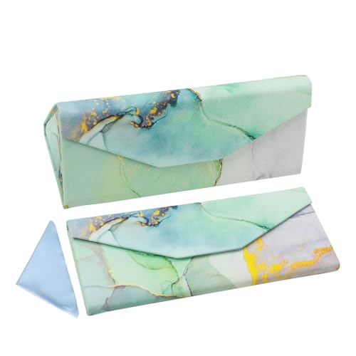 Foldable Glasses Case, Magnetic PU Leahter Sunglasses Case, Cute Hard Shell Folding Eyeglass Cases for Women Kids - color: Green+gold Marble