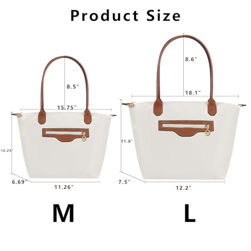 Waterproof Nylon Tote bag for Women Lightweight Designer Handbag with Zipper Stylish and Durable Purse - color: Paper White, size: Large