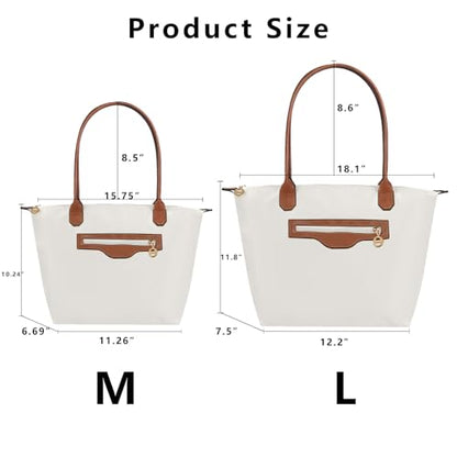 Waterproof Nylon Tote bag for Women Lightweight Designer Handbag with Zipper Stylish and Durable Purse - color: Paper White, size: Large