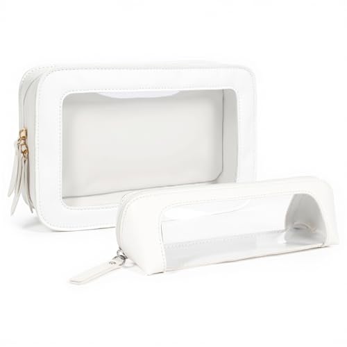 LETGO 2Pack Clear Makeup Bags Set, Small Clear Makeup Bag, PU Leather Travel Makeup Brush Case Portable Transparent Waterproof Cosmetic Organizer Pouch with Zipper for Women(2Pack-White Set) - color: 2Pack-White Set