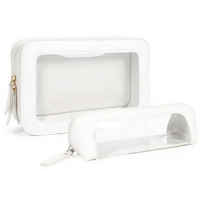 LETGO 2Pack Clear Makeup Bags Set, Small Clear Makeup Bag, PU Leather Travel Makeup Brush Case Portable Transparent Waterproof Cosmetic Organizer Pouch with Zipper for Women(2Pack-White Set) - color: 2Pack-White Set
