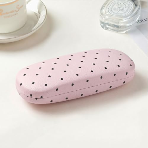 Glasses Case Hard Shell, Cute Sunglasses Case for Women Leather Protective Case for Eyeglass with Cleaning Cloth - color: Pink Black Polka Dot