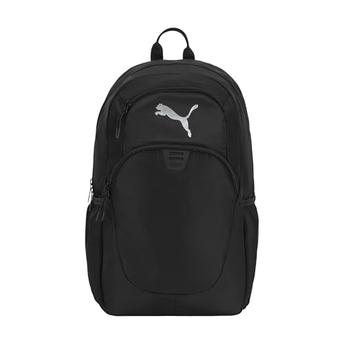 PUMA Women's Poppy Backpack in Memory Cloth with Laptop Sleeve, Luggage Strap & Water Bottle Pockets - color: Black/Silver
