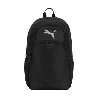 PUMA Women's Poppy Backpack in Memory Cloth with Laptop Sleeve, Luggage Strap & Water Bottle Pockets - color: Black/Silver