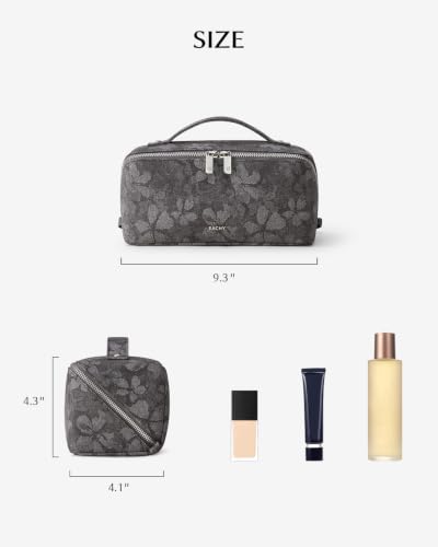 EACHY Makeup Bag, Waterproof PU Leather Travel Toiletry Bag for Women, 180° Wide-Open Flat Cosmetic Bag, Large Capacity Makeup Pouch with Divider and Handle - color: CE-Dark Gray Print, size: Medium