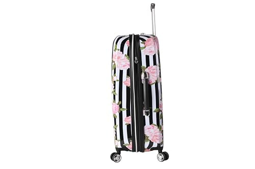 Betsey Johnson 26 Inch Checked Luggage Collection - Expandable Scratch Resistant (ABS + PC) Hardside Suitcase - Designer Lightweight Bag with 8-Rolling Spinner Wheels (Stripe Roses) - color: Stripe Roses