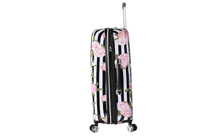 Betsey Johnson 26 Inch Checked Luggage Collection - Expandable Scratch Resistant (ABS + PC) Hardside Suitcase - Designer Lightweight Bag with 8-Rolling Spinner Wheels (Stripe Roses) - color: Stripe Roses