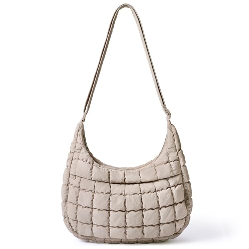Puffer Crossbody Hobo Bag for Women Nylon Quilted Purse Lightweight Shoulder Handbag with Adjustable Strap - color: 01-gray Brown