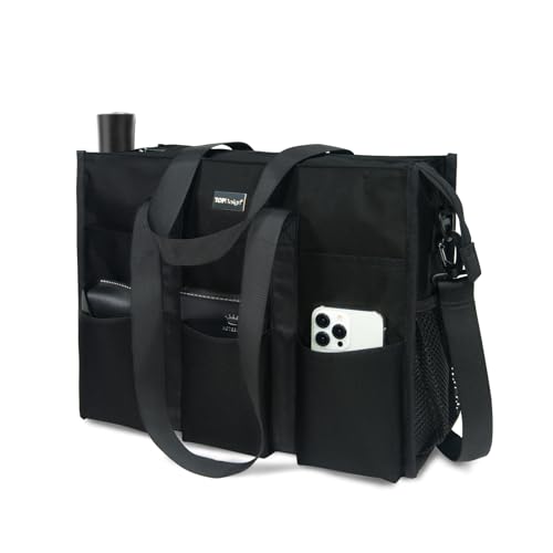 TOPDesign Utility Water Resistant Tote Bag with 22 Pockets, Zipper Closure - color: Black, size: Medium