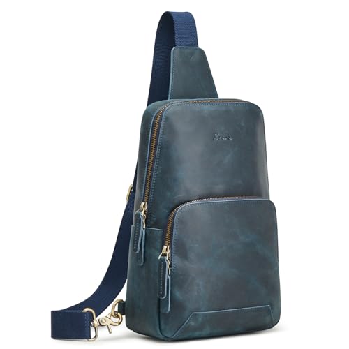 S-ZONE Sling Bag for Men Women RFID Blocking Genuine Leather Crossbody - color: Blue