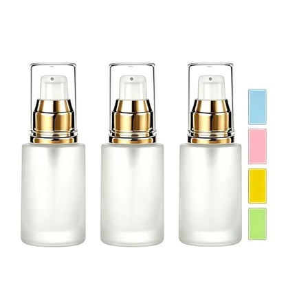 3Pcs 0.7oz Clear Frosted Glass Lotion Pump Bottles with Stickers - size: 20ML/0.7oz