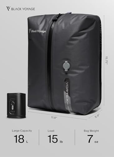 Black Voyage Reusable Vacuum Compression Travel Bag for Carry-On Suitcase and Backpack, Recycled IPX8 Waterproof Space Saver Vacpack (1-Pack, 18L - No Pump)
