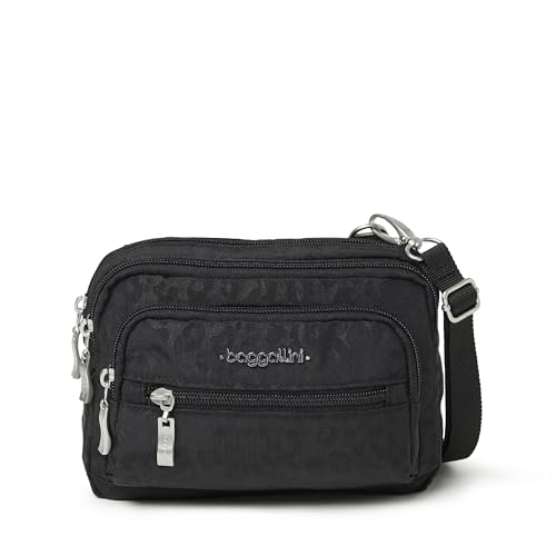 Baggallini Triple Zip Small Crossbody Bag for Women - Lightweight Convertible Fanny Pack Belt Bag - color: Black Cheetah, style: Slim Strap