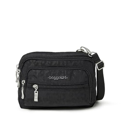 Baggallini Triple Zip Small Crossbody Bag for Women - Lightweight Convertible Fanny Pack Belt Bag - color: Black Cheetah, style: Slim Strap
