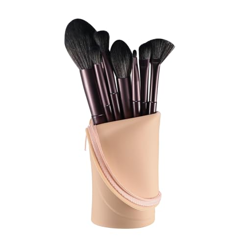 Travel Makeup Brush Holder, Silicone Small Makeup Brush Case, Portable Stand-up Makeup Tools Cosmetic Bags for Women,Soft Waterproof Brushes Organizer with Zipper (Khaki) - color: Khaki