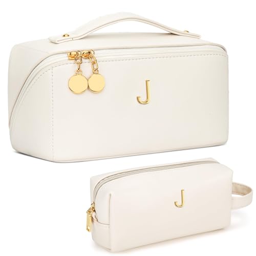 KKXIU Initial Makeup Bag for Women, Personalized Gifts for Women - color: Beige, style: J