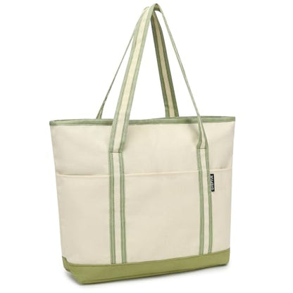 Large Canvas Tote Bag for Women, Beach Bag with Zipper, Utility Tote Bag with 3 Front Pockets, Weekender Pool Bag - color: Beige Yellow With Green