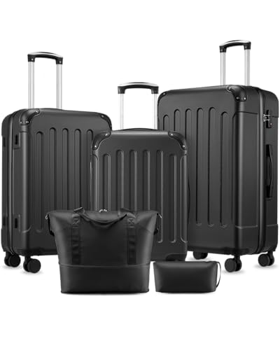 YOETEY Lightweight Hardshell Luggage Set, 20/24/28 Inch, 5 Piece - color: Black, size: 5-Piece Luggage Set