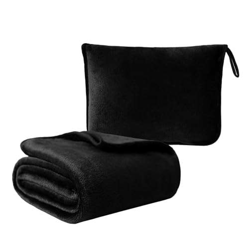 Travel Blanket Pillow, Soft Airplane Blanket 2-in-1, Travel Blanket Airplane Compact with Bag, Travel Essentials Accessories for Plane and Car,60x40 Black - color: Black