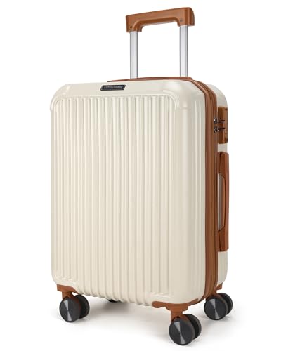 LIGHT FLIGHT 20 Inch Carry On Luggage 22x14x9 Airline Approved, Beige Brown | Durable ABS hardshell suitcase with TSA lock, 20% expandable capacity from 35L to 42L, silent 360 spinner wheels - color: Beige and Brown, size: Carry-On - 20"