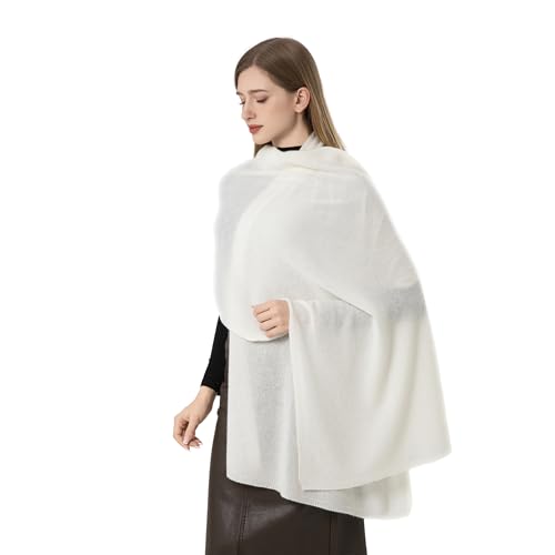 100% Cashmere Wrap Warm Soft Knitted Scarf Stole for Women Airplane Travel Blanket 87x28 in Extra Large Pashmina - color: Ivory White