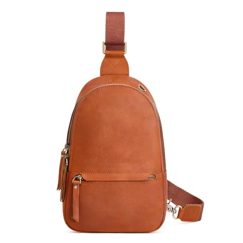 S-ZONE Leather Sling Bags for Women Men Fanny Packs Chest Bag RFID Blocking - color: Cognac