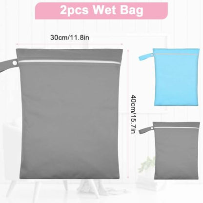 2PCS Wet Bags, Waterproof Reusable Cloth Diaper Bags, Grey + Blue - color: Grey & Blue - 2 Pieces - 30 x 40 cm