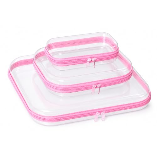 3 Pack Clear Hard Shell Zipper Case (1XL + 1L + 1M, Pink) - color: Pink(XL+L+M)