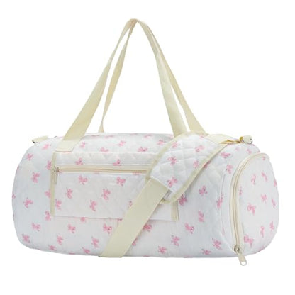 White Pink Bow Quilted Weekender Duffle Bag with Shoe Compartment - color: Barrel‑Small Dot Print