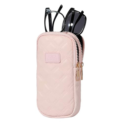 KINIVA Double Eyeglass Case for Men Women, 2-in-1 PU Dual Sunglasses Case, Scratch-Proof Travel Eyeglass Holder for Purse Car - style: Pink Lozenge