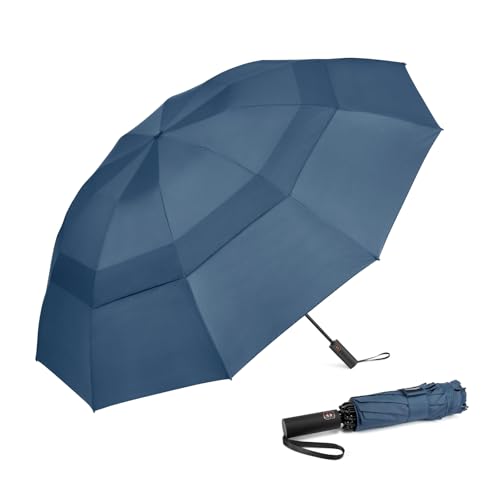 Prospo 46/62 Inch Large Travel Umbrellas for Rain Windproof, 10 Ribs Compact Reverse Folding Golf Umbrella, Double Canopy Automatic Open Close - color: Navy Blue, size: 62 inch