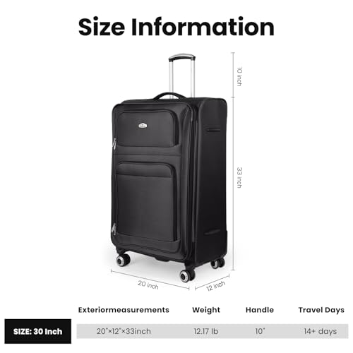 30'' Large Softside Suitcase,Expandable,waterproof Fabric - color: Black, size: Checked-Large 30-Inch