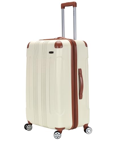 Rockland London Hardside Expandable Spinner Wheel Luggage, Checked Large 28", White - color: White with Brown Trim, size: Checked 28"