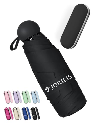 Jorilis Mini Compact Travel Umbrella with Case, Pocket Size UV Sun & Rain - color: Black