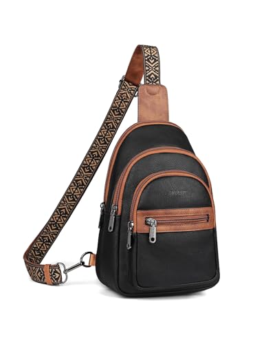 FADEON Sling Bag for Women, Designer Small Crossbody Bags, Adjustable Strap - color: Retro Black With Brown