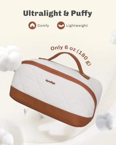 Hynes Eagle Travel Makeup Bag for Women Puffy Cosmetic Organizer Pouch Open Flat Toiletry Bag for Toiletries Brushes Structured Base White - color: White