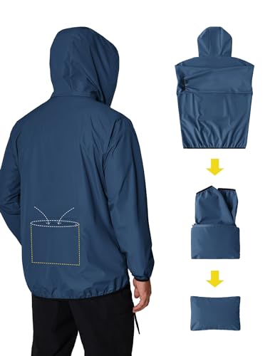 COOFANDY Men's Light Rain Jacket Packable Waterproof Raincoat Windbreaker - color: Navy Blue, size: Medium
