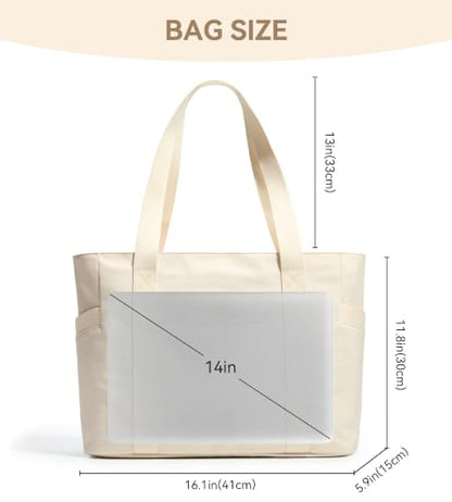 WLLWOO Large Tote Bag, 14” Laptop Work Travel Bag with Trolley Sleeve - color: Beige