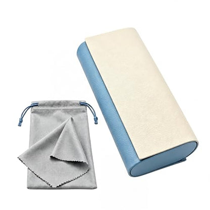 Double Sided Glasses Case Hard Shell,Sunglasses Case & Eyeglass Case with Cleaning Cloth & Storage Pouch - color: Haze Blue-cream White