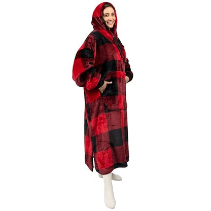 PAVILIA Blanket Hoodie for Women Red, Sherpa Wearable Blanket Men, Cozy Oversized Sweatshirt Blanket, Warm Fleece Hooded Blanket Sweater with Sleeves and Giant Pocket, Adult Long, Plaid Red - color: Plaid Red
