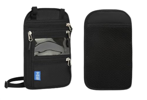 RFID Blocking Passport Holder Neck Pouch, Black, with Adjustable Shoulder Strap, Clear ID Window, Multi-Pocket Travel Wallet for Women Men